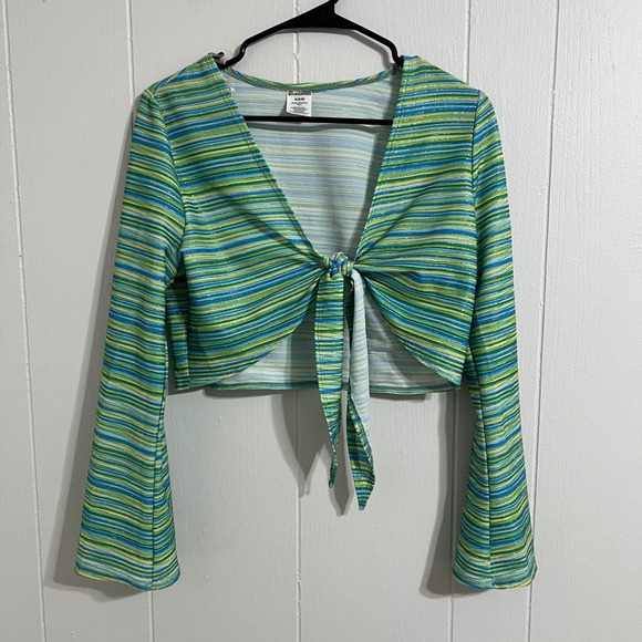 No Boundaries Tops - Vintage 90s No Boundaries M Tie Front Crop Top Long Sleeve‎ Striped Sparkle Y2K